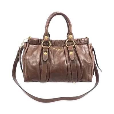 MIU MIU Ribbon Motif Leather Handle Bag "Brown"