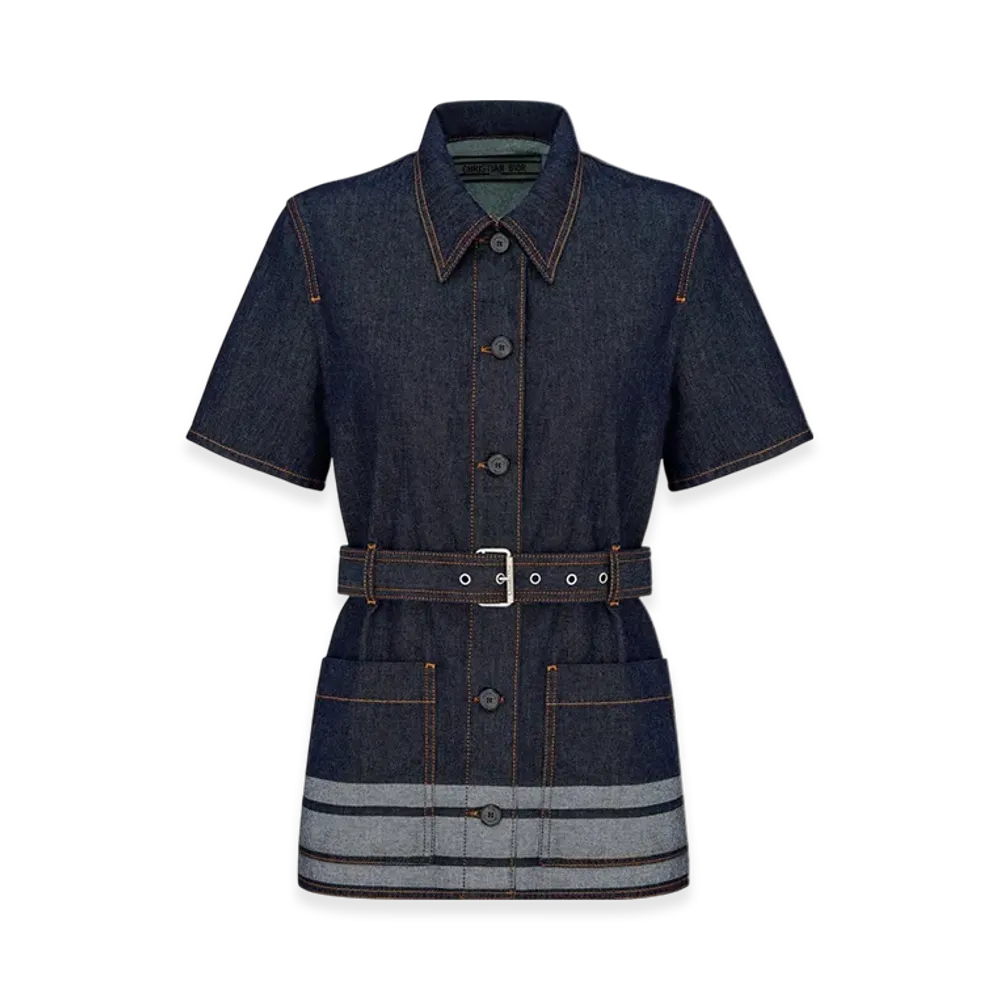 Dior Women's Lightweight Cotton Denim Couture Short Sleeved Belted Jacket "Deep Blue"