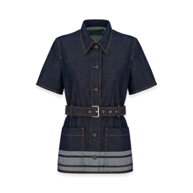 Dior Women's Lightweight Cotton Denim Couture Short Sleeved Belted Jacket "Deep Blue"