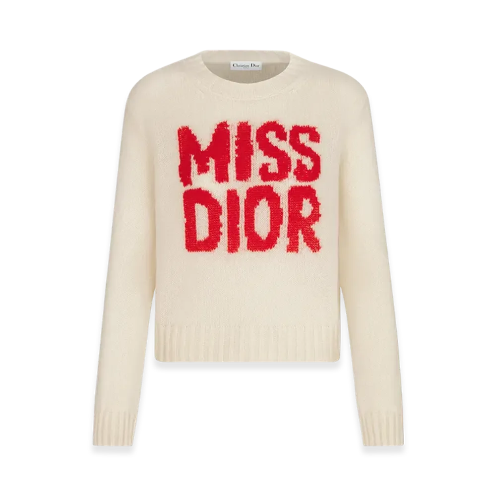 Dior Women's Cashmere and Silk Knit with Miss Dior Graffiti Motif Sweater "White/Red"