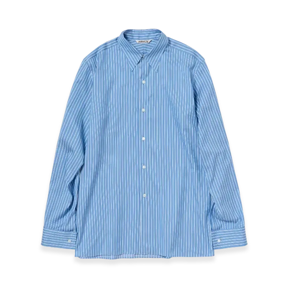 AURALEE Cotton Silk Stripe Double-Cuff Shirt "Blue"