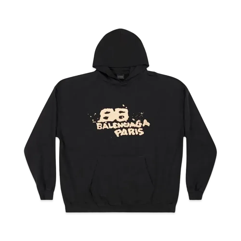 BALENCIAGA MENS Hand Drawn BB Icon Hoodie Large Fit "Black/Beige"