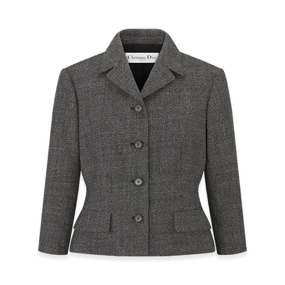 Dior Women's Fitted Jacket with Three-Quarter Sleeves Virgin Wool Tweed "Gray"