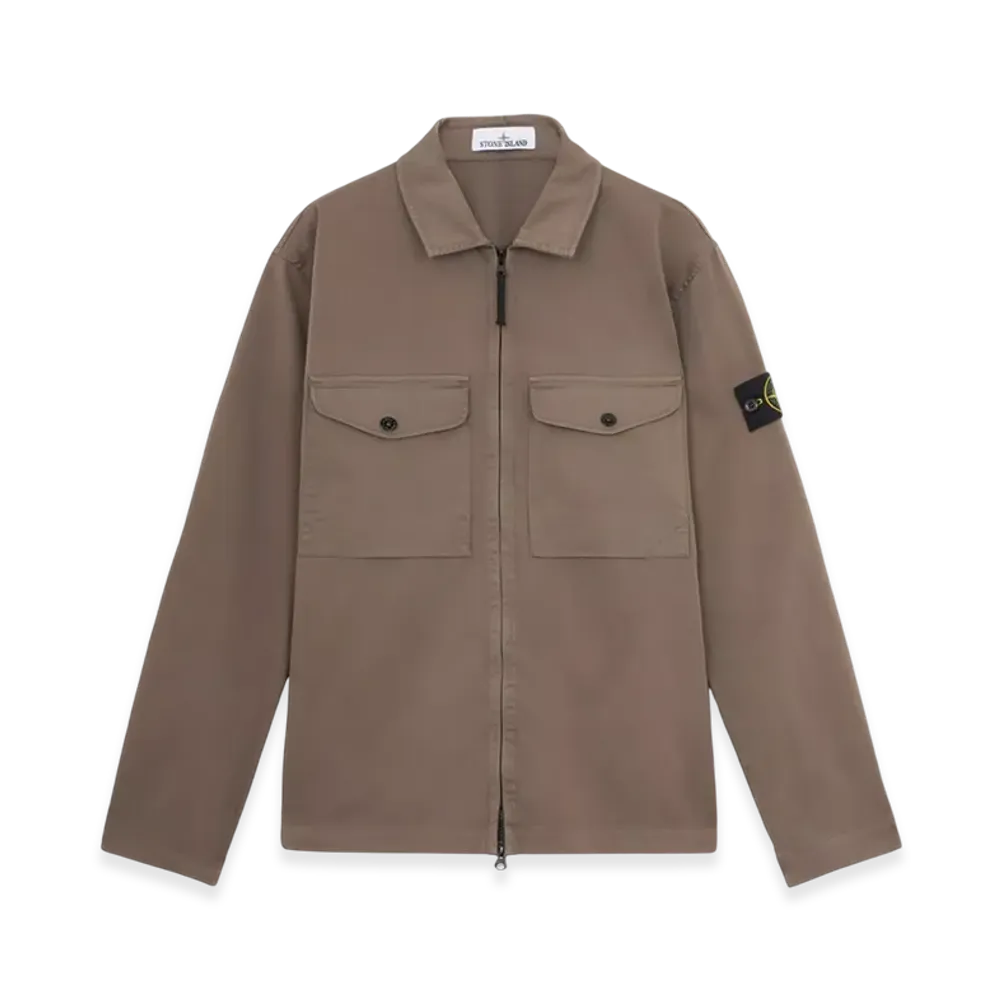 Stone Island 12808 Organic Stretch Cotton Satin Overshirt with Zipper Fastening - 24FW "Walnut Brown"