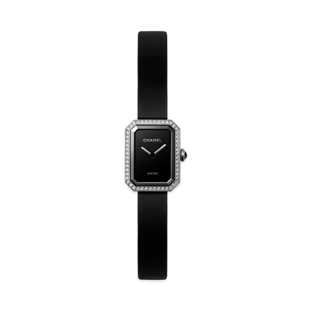 CHANEL Premiere Ribbon Watch Steel and Diamonds Black Rubber Strap With Velvet Touch Black Lacquered Dial "Black"