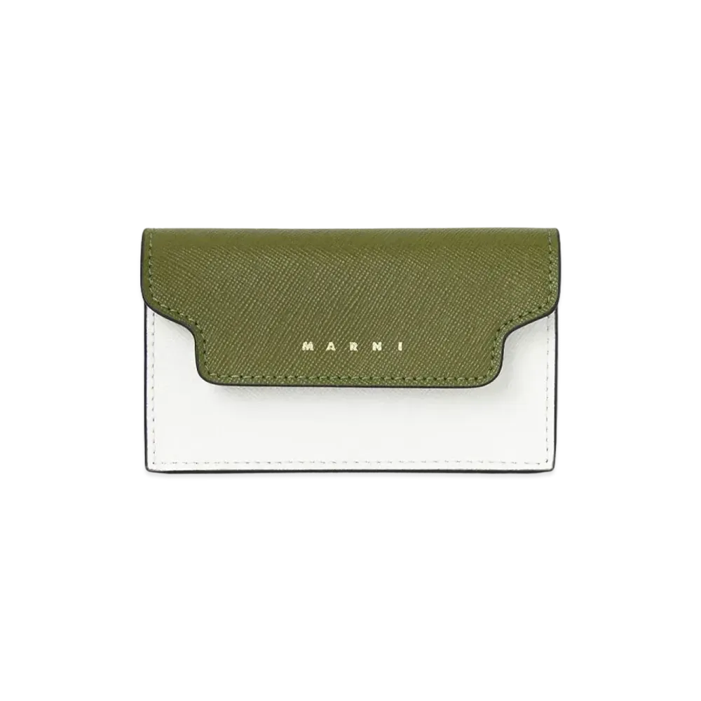 Marni Tone On Tone Green And White Saffiano Business Card Case "Olive/Lily White/Lyme"