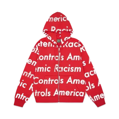 DENIM TEARS x Arthur Jafa Systemic Racism Controls America Zip Up Hoodie "Red"