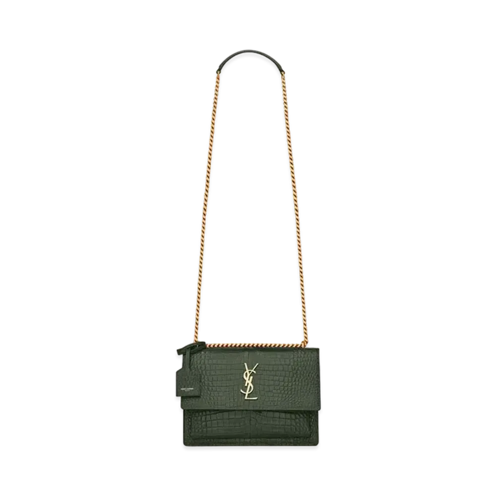 Saint Laurent Sunset Medium In Crocodile-Embossed Shiny Leather "Mint"