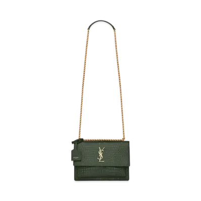 Saint Laurent Sunset Medium In Crocodile-Embossed Shiny Leather "Mint"