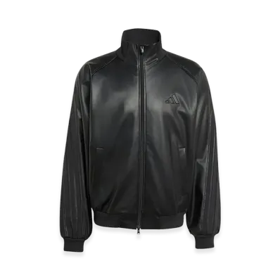 adidas Stadium Loose Fit Faux Leather Track Jacket "Black/Black"