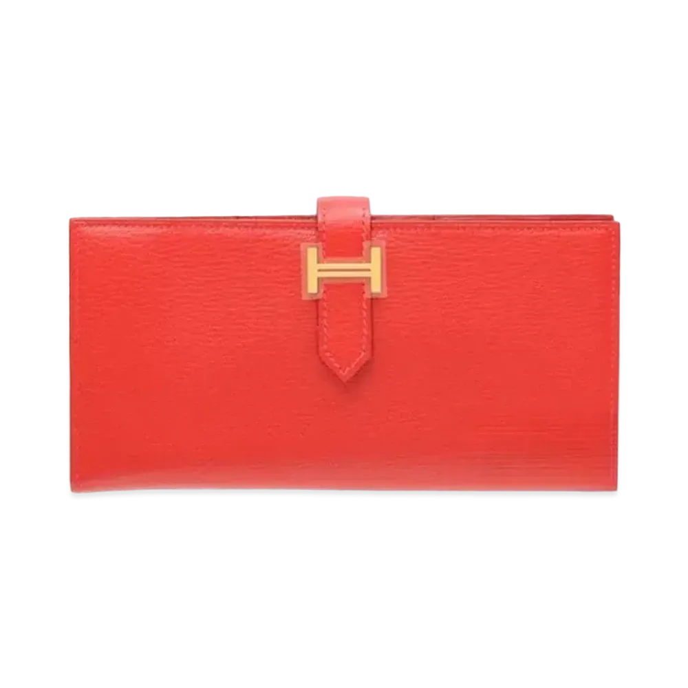 Hermes Bearn Soufflet Chevre Mysore "Rouge Casaque/Gold"