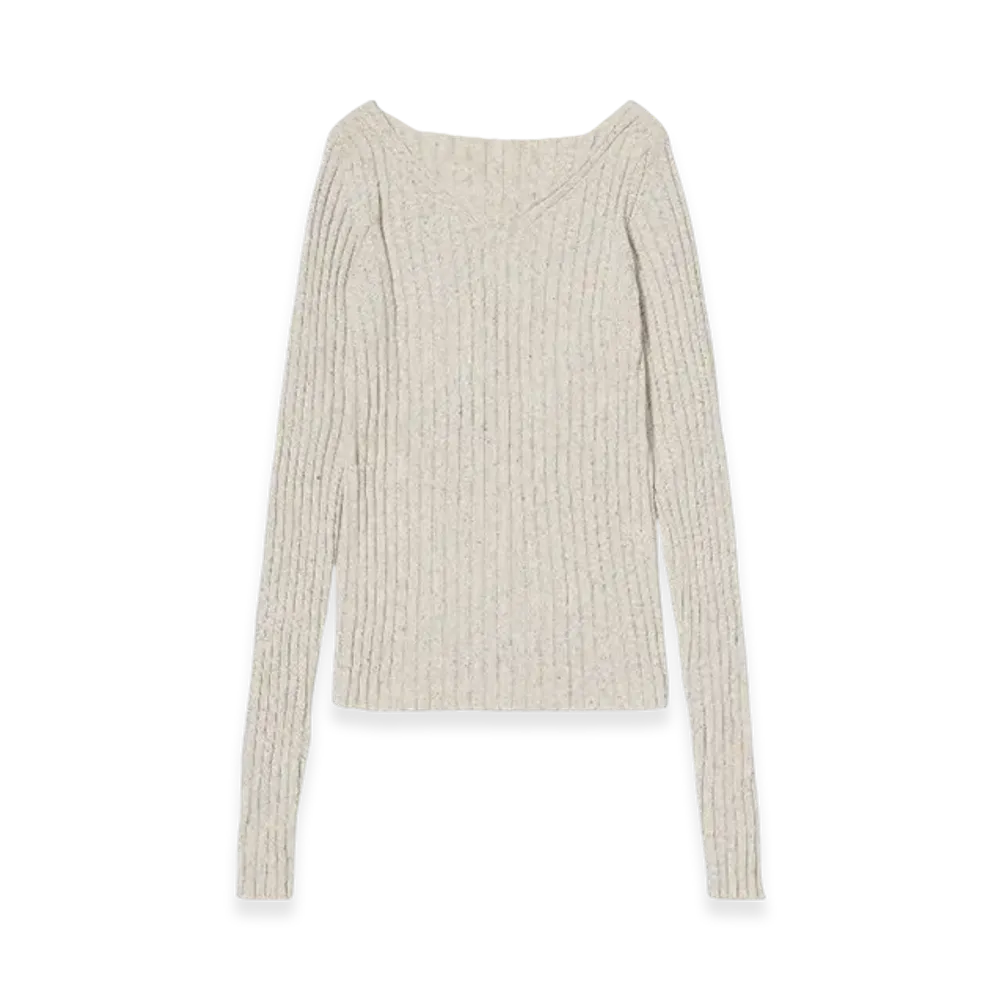 AURALEE Silk Cotton Melange Rib Knit V-Neck P/O "Ivory Beige"