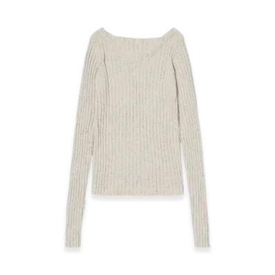 AURALEE Silk Cotton Melange Rib Knit V-Neck P/O "Ivory Beige"