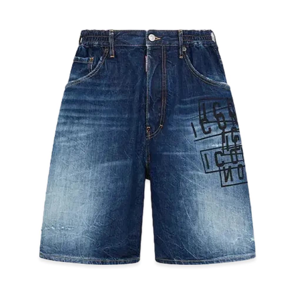 Dsquared2 Icon Dark Wash Stamps Surfer Denim Shorts "Navy"