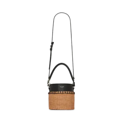 Saint Laurent Bahia Small Bucket Bag In Smooth Leather and Wicker "Black"