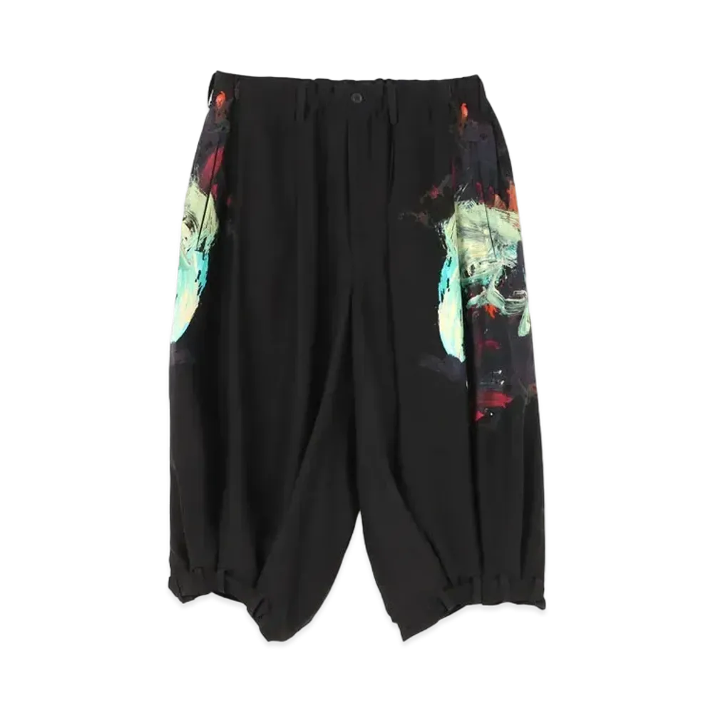Yohji Yamamoto Pour Homme SILK SATIN EMPTY ROOMS TUB HEM GREEN PAINTED HALF PANTS "Black"