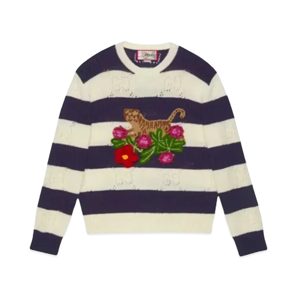 GUCCI Women's Tiger Wool Sweater With Embroidery "Ivory/Navy"