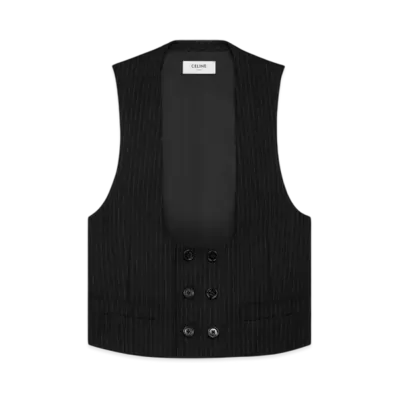 CELINE Women's Double-Breasted Vest in Striped Wool Flannel "Noir/Craie"