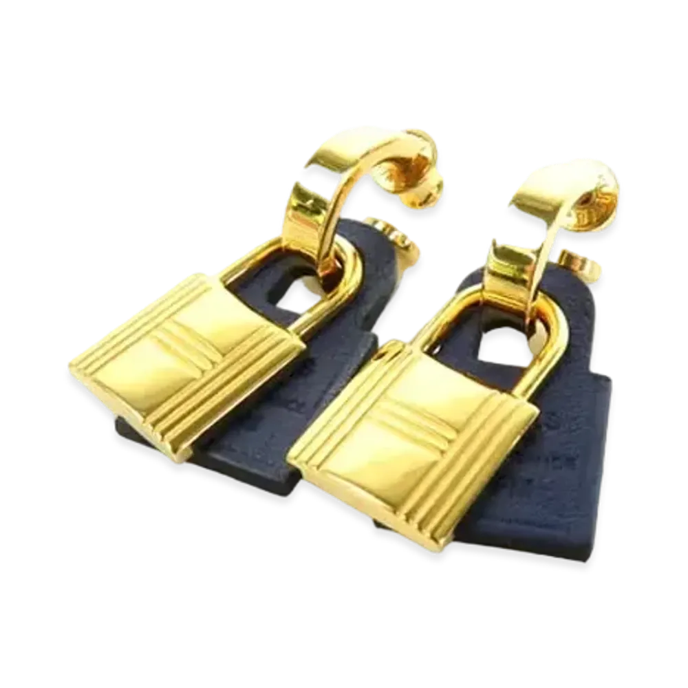 Hermes O Kelly Earrings Veau Swift "Deep Blue/Gold"