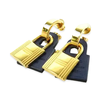 Hermes O Kelly Earrings Veau Swift "Deep Blue/Gold"