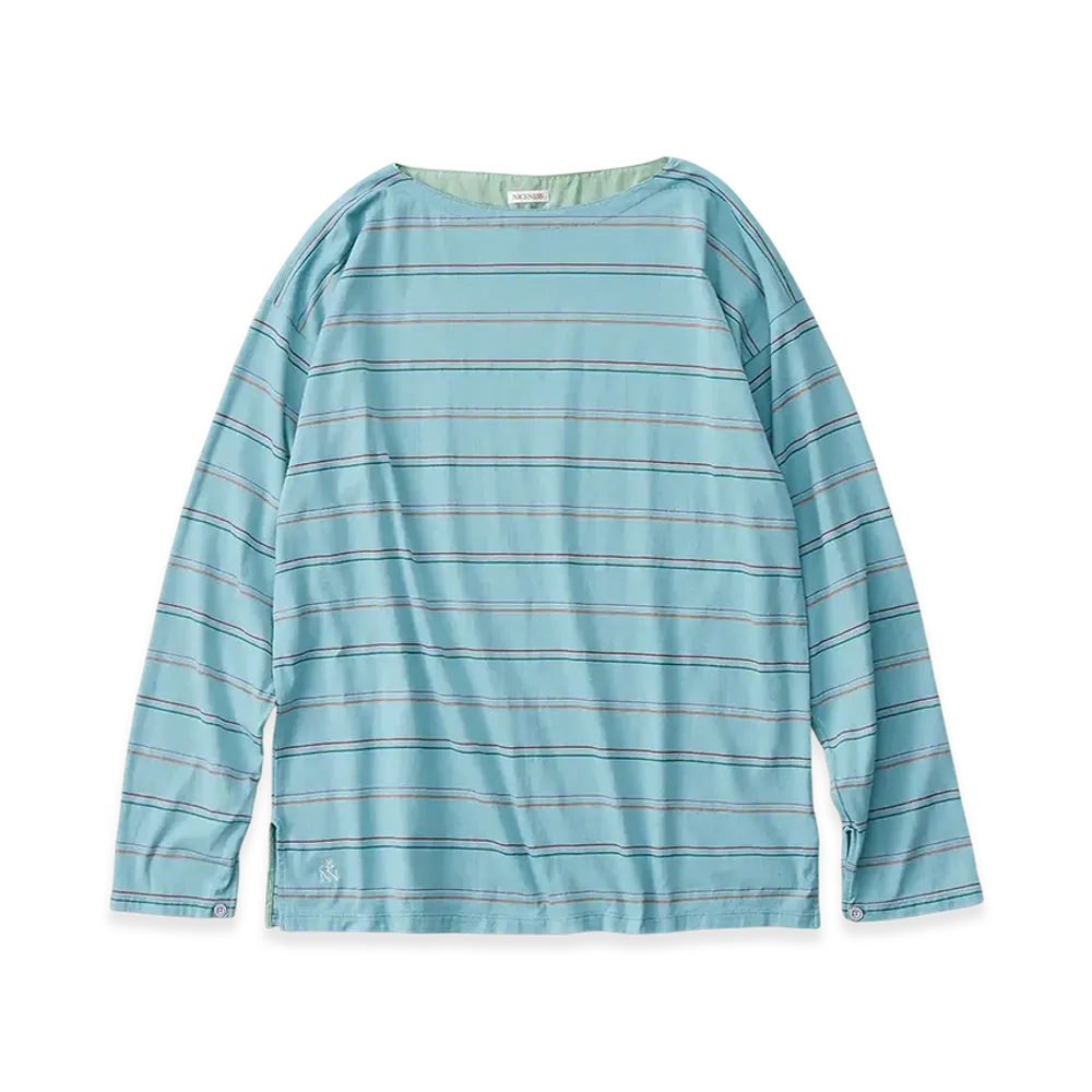 NICENESS M.Melvin Boat Neckline T Shirt Long Sleeve - Multi Stripe "Turquoise"