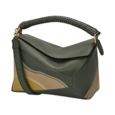 LOEWE Puzzle Edge Landscape Bag Small "Bottle Green/Ochre"