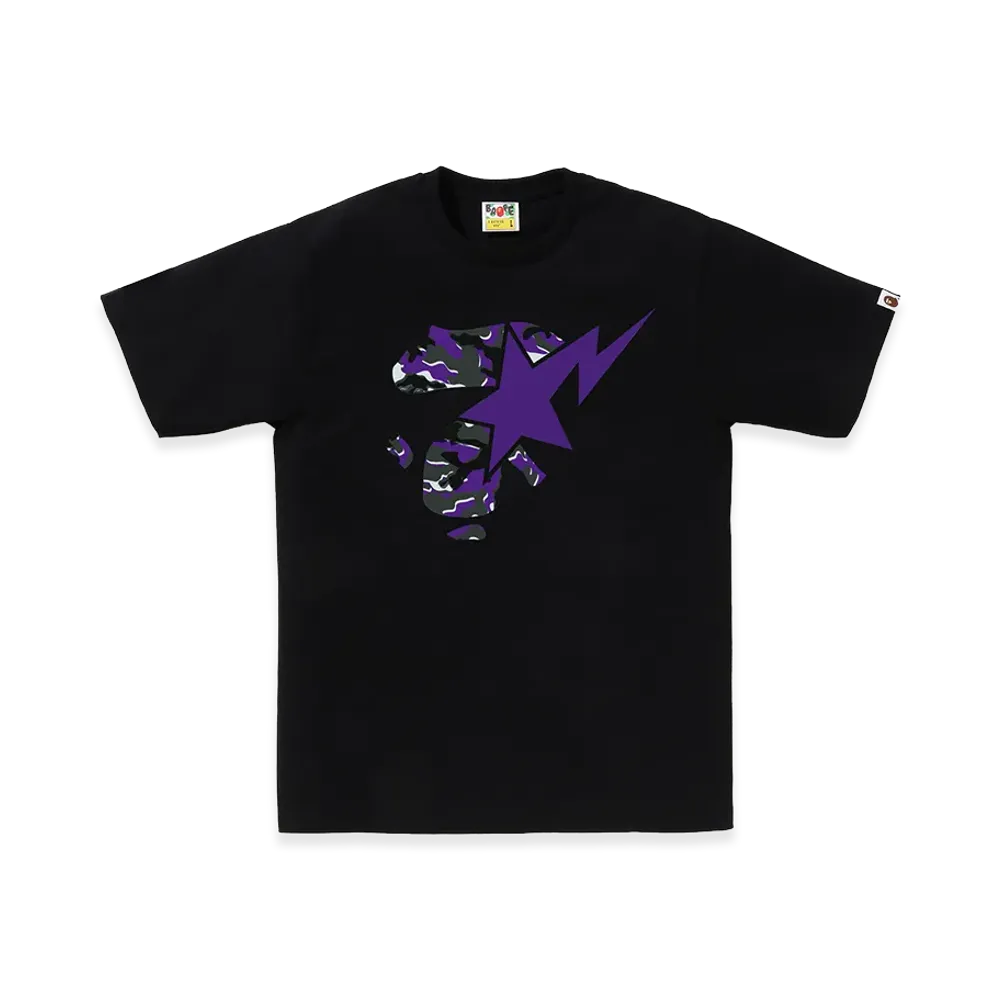 A BATHING APE Glitch Woodland Camo Ape Face Sta Tee "Black/Purple"