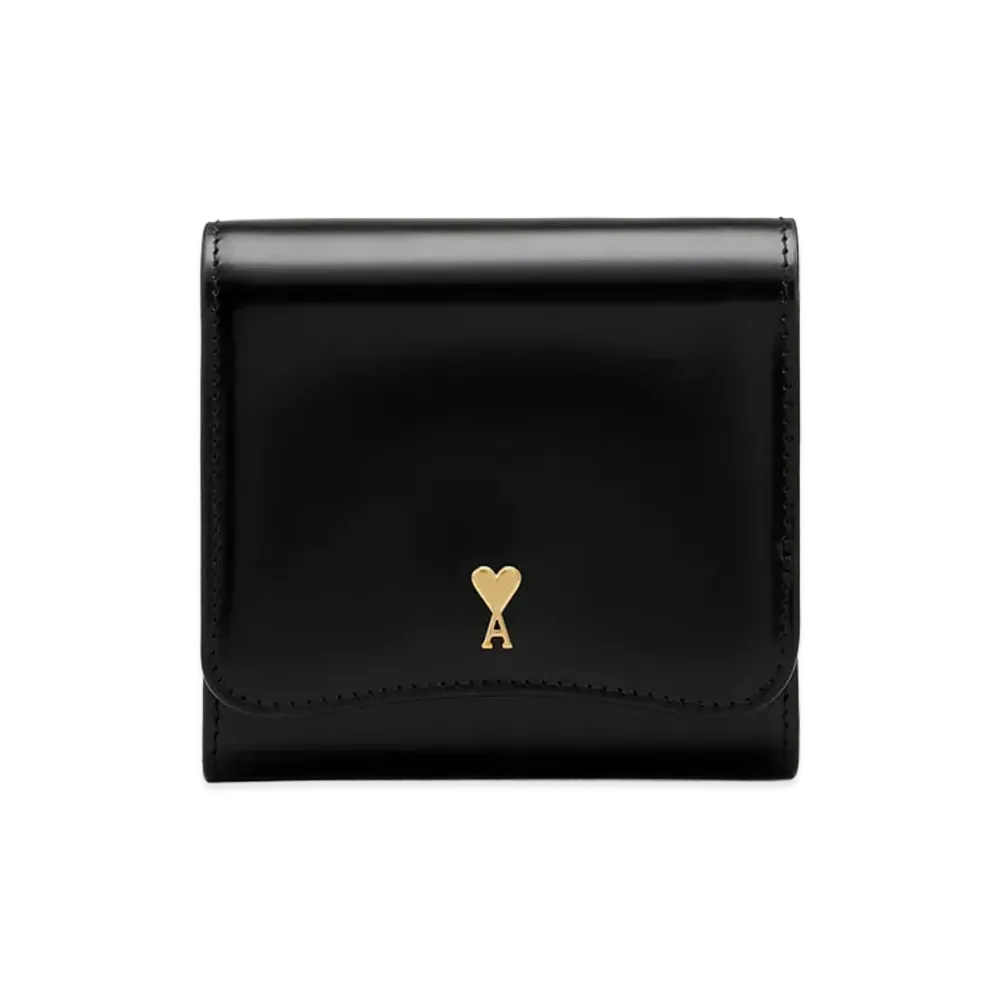 AMI PARIS Glazed Leather Paris Paris Compact Wallet "Black"