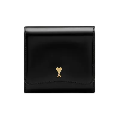 AMI PARIS Glazed Leather Paris Paris Compact Wallet "Black"