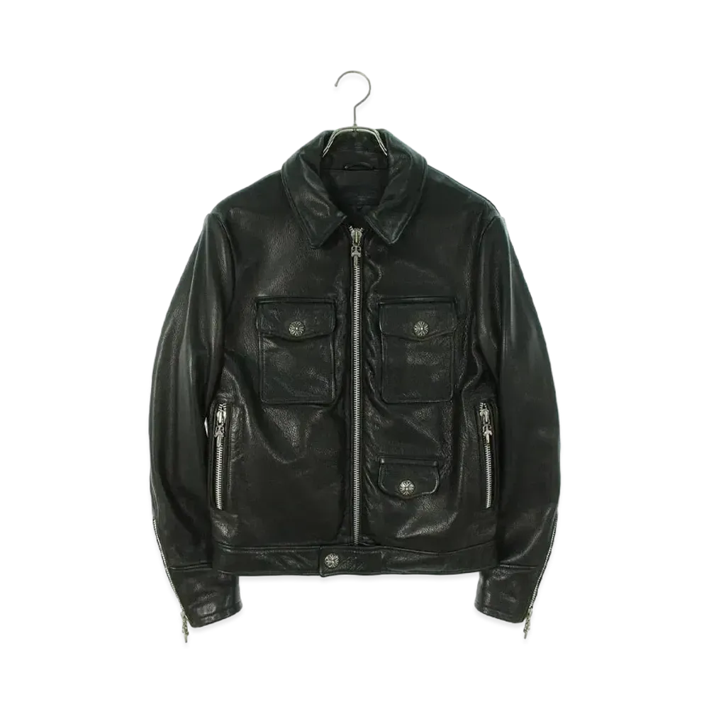 Chrome Hearts Police Man Center Dagger Zip Riders Leather Jacket "Black"