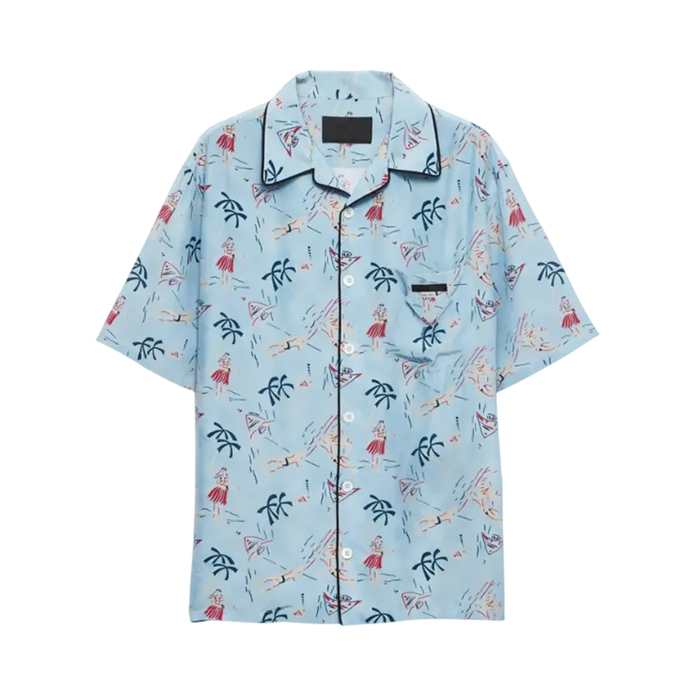PRADA Men's Printed Silk Blend Bowling Shirt "Light Blue"