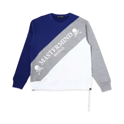 mastermind WORLD Diagonal Switching Crewneck "Navy Top Gray White"