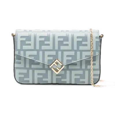 FENDI Women's FF Diamonds Leather Wallet On Chain "LIght Blue"