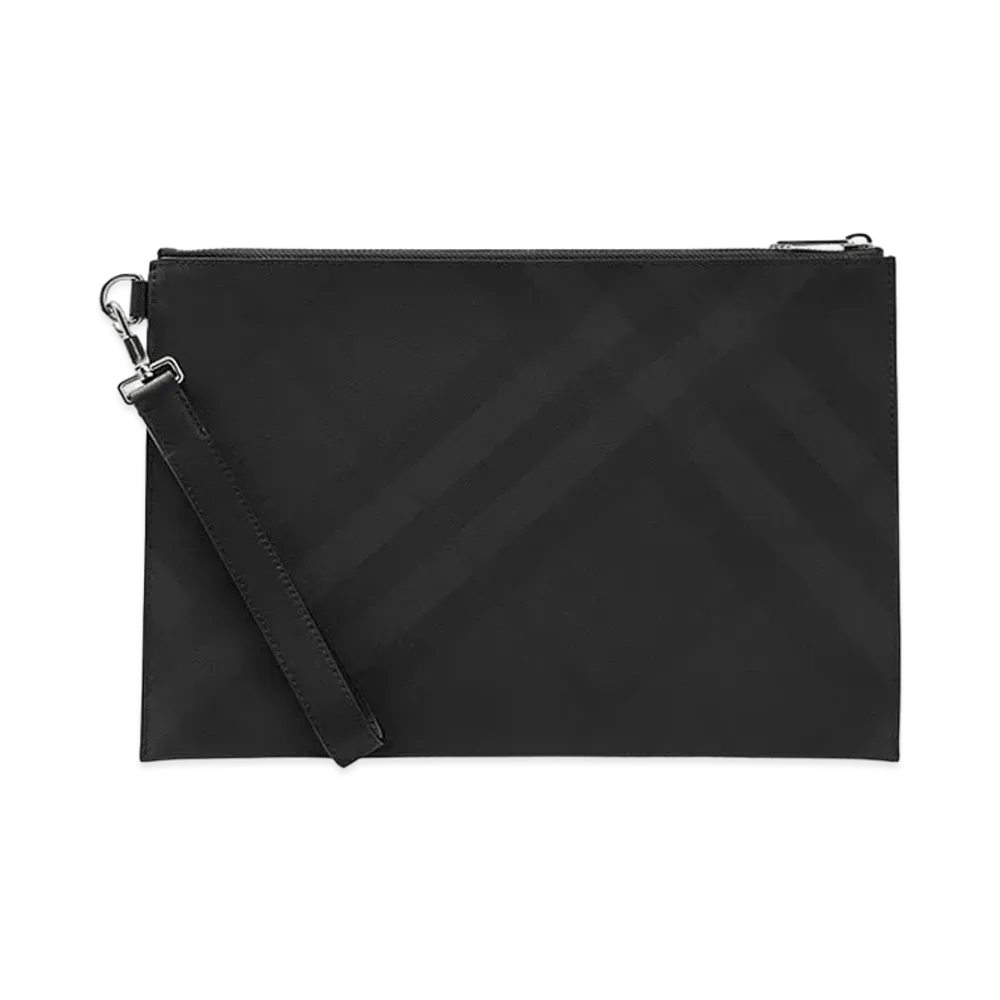 Burberry London Check and Leather Zip Pouch "Dark Charcoal"