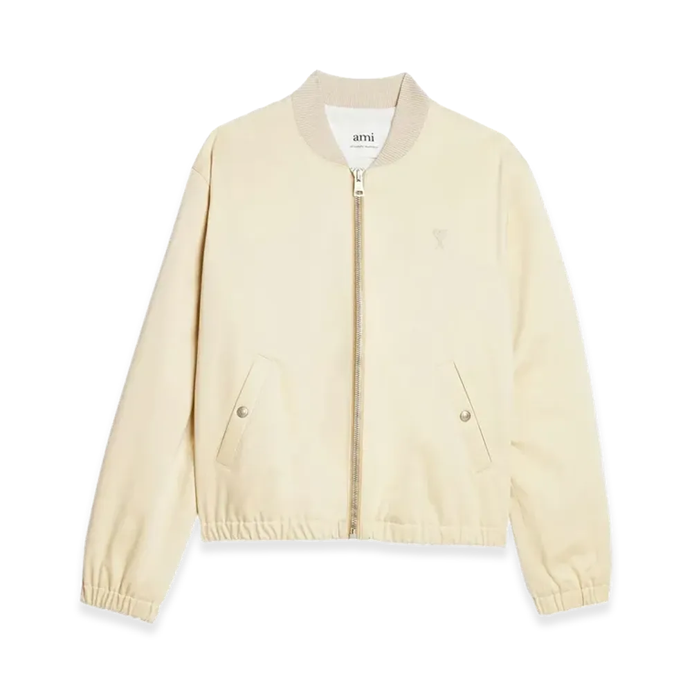 AMI PARIS Cotton Satin Zip-Up Bomber Jacket "Vanilla"