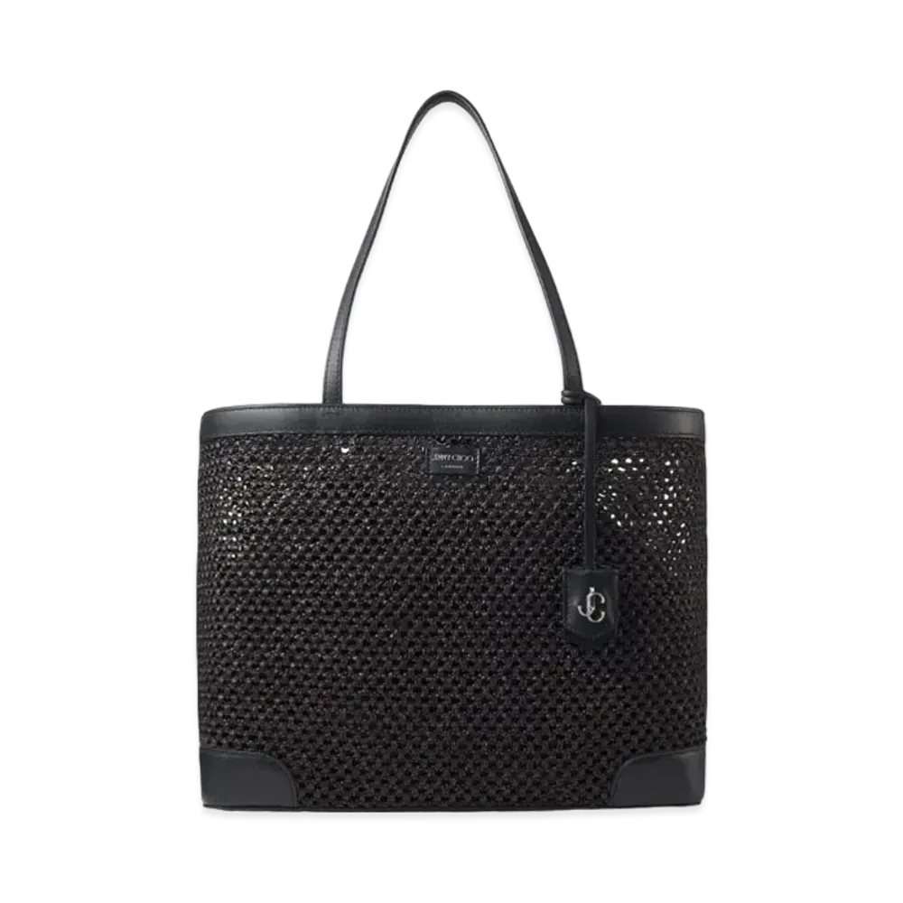 JIMMY CHOO NINE2FIVE E/W Raffian Net Curf Leather Tote Bag "Black"