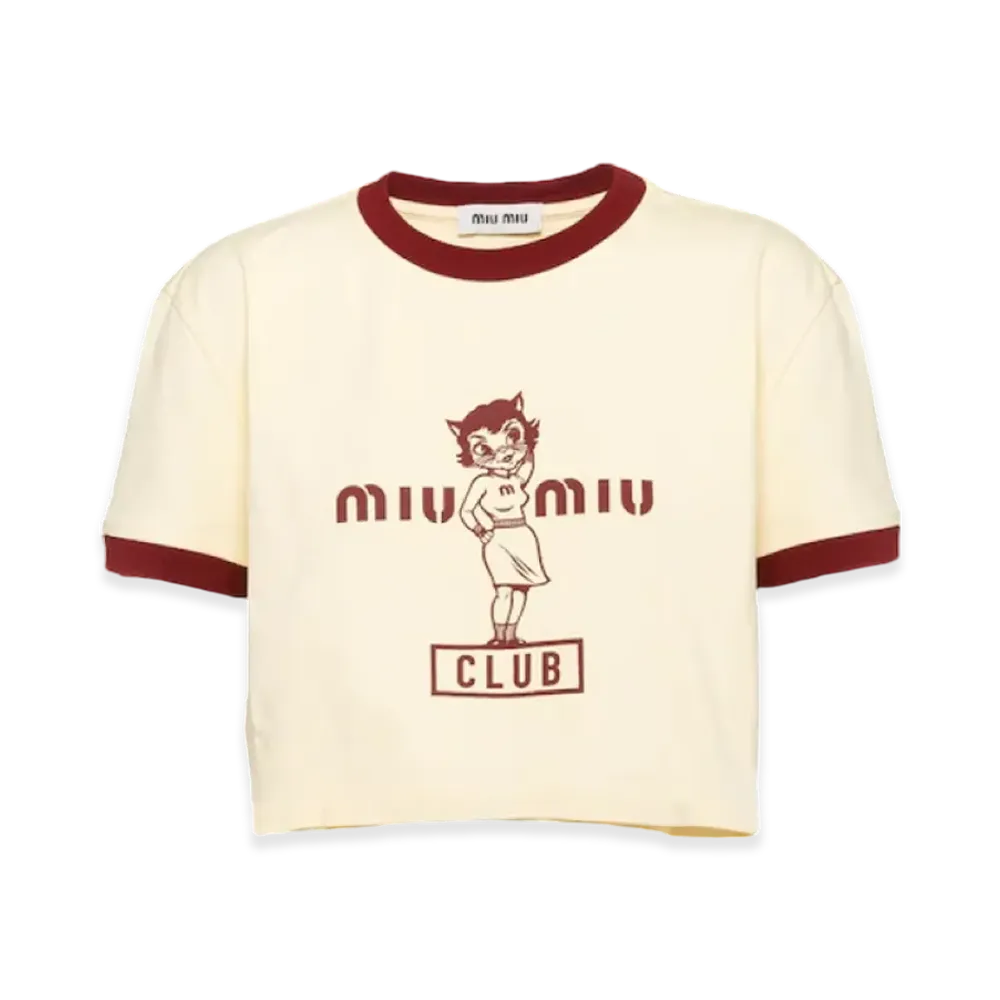 MIU MIU Women's Print Cotton T-Shirt "Vanilla/Burgundy"
