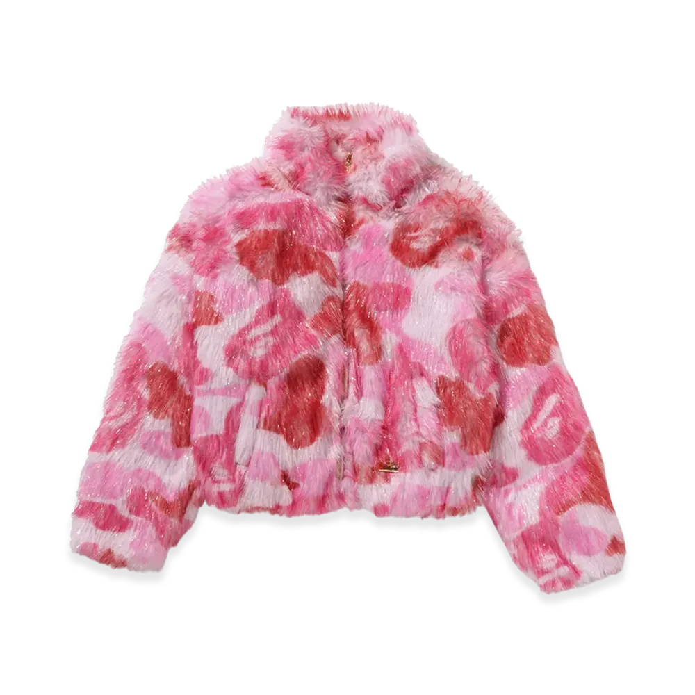 A BATHING APE Ladies One Point Metallic Long Fur Jacquard Down Jacket "Pink"