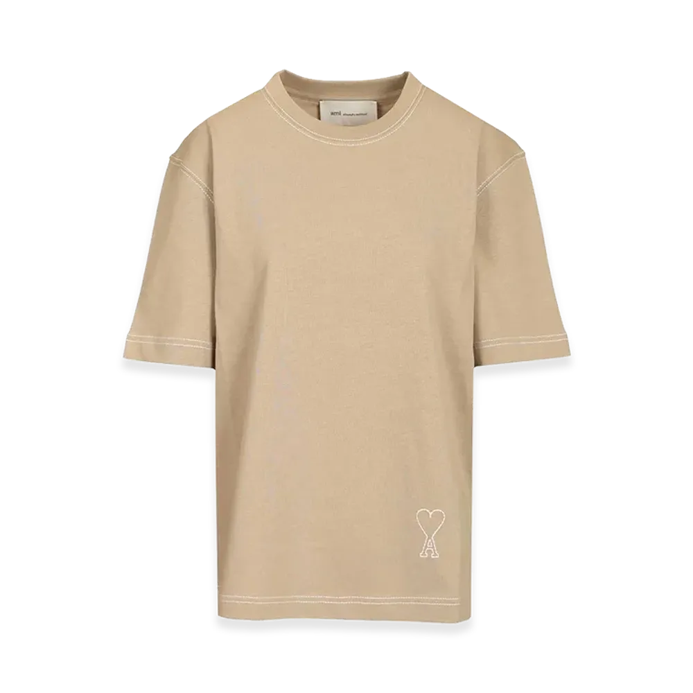 AMI PARIS Short Sleeves Boxy Fit Teeshirt With Topstitched Ami De Coeur "Beige"