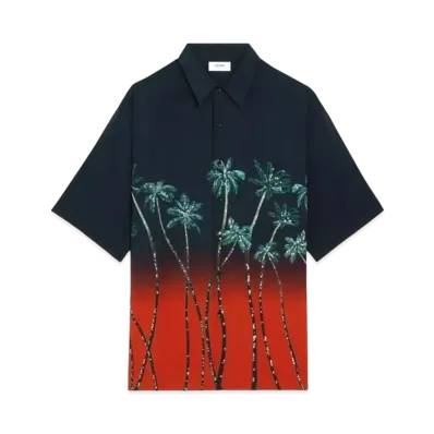 CELINE Oversized Embroidered Shirt In Printed Viscose "Red/Black"