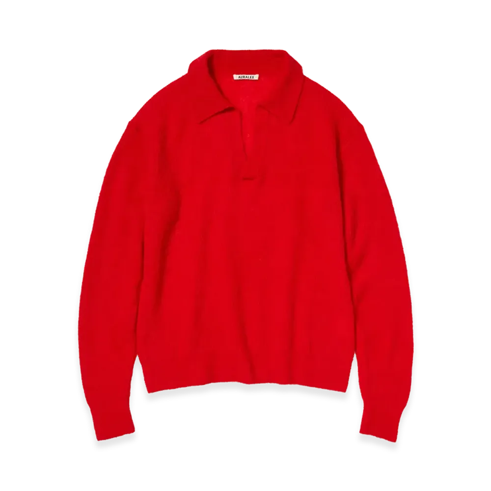 AURALEE Baby Suri Alpaca Sheer Knit Skipper Polo "Red"