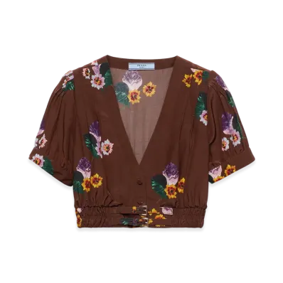 PRADA Women's Cropped Printed Ponge Shirt "Cocoa Brown"