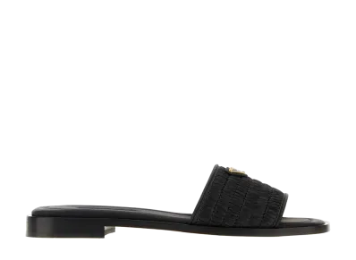 PRADA Women's Raffia And Leather Slippers "Black"