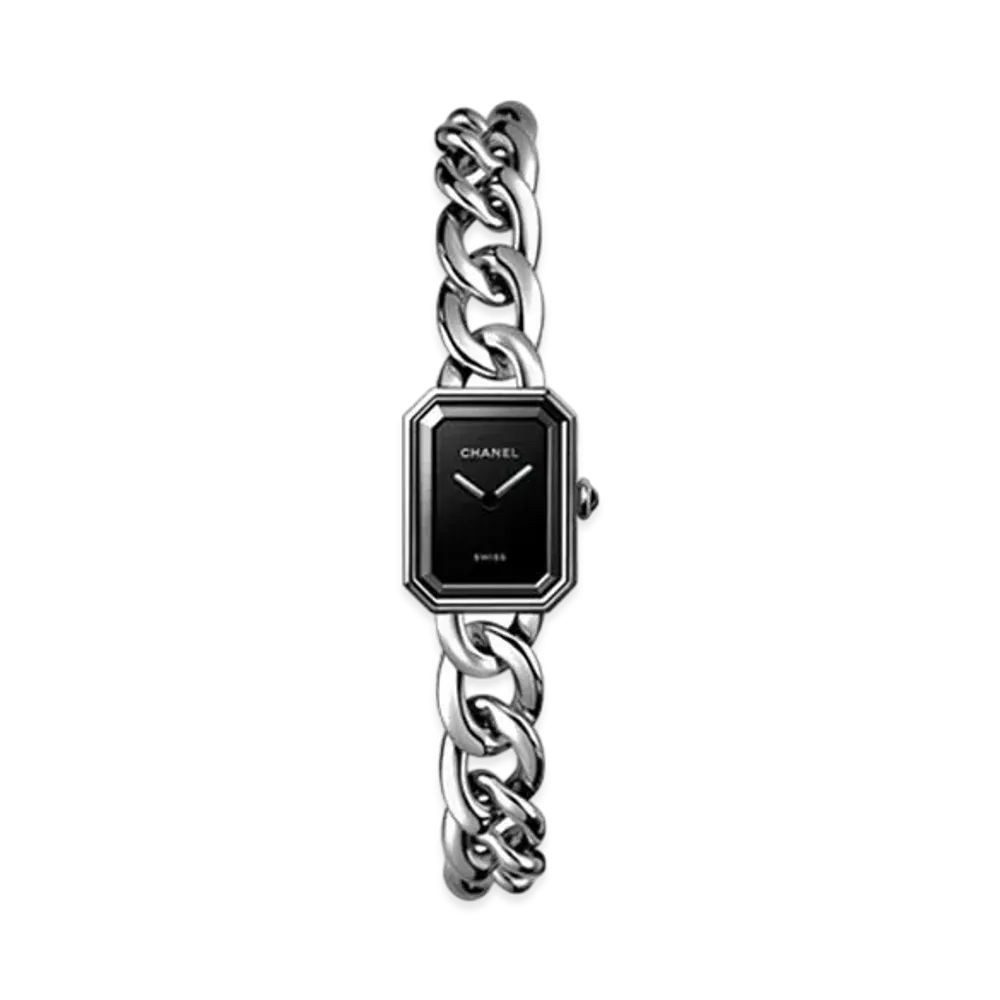 CHANEL Premiere Gourmette Chain Watch Small Version Steel Lacquered Dial "Black"