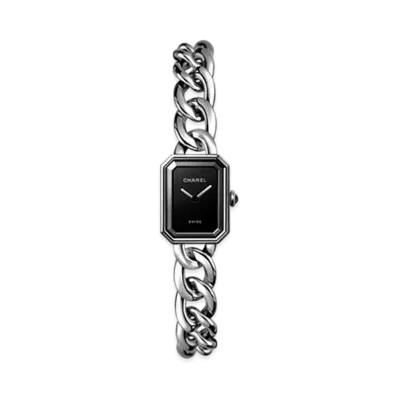 CHANEL Premiere Gourmette Chain Watch Small Version Steel Lacquered Dial "Black"