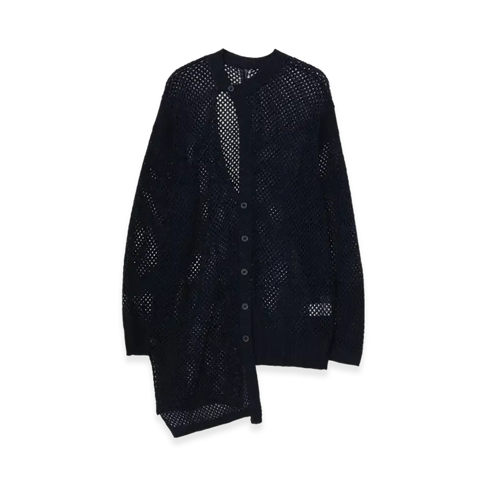 Yohji Yamamoto POUR HOMME 5G Hemmed Pattern Mesh Asymmetric Cardigan "Navy"