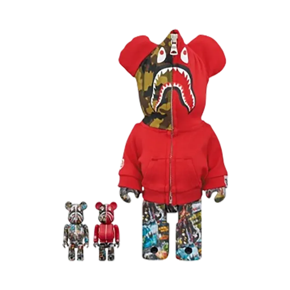 MEDICOM TOY "BEARBRICK" Bape Legacy Camo Shark Red 100% & 400% 3 Pcs Set