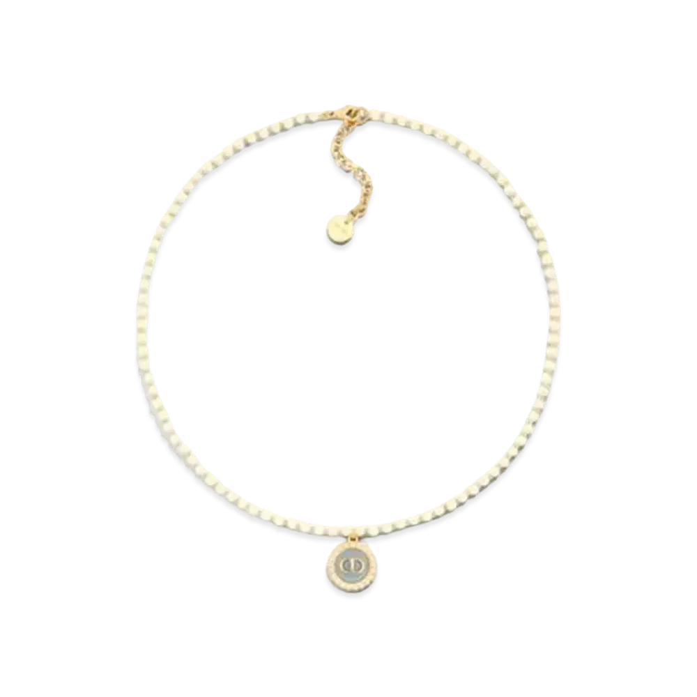 Dior Petit CD Baroque Necklace Metal with Resin Pearls and Glass "Gold/White/Sky Blue"