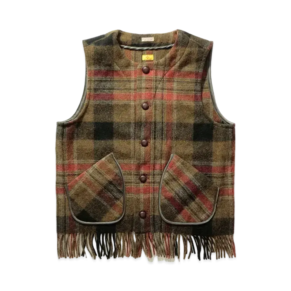 KAPITAL COUNTRY WOOL CHECK FRINGE GAUCHO VEST "Grayer"
