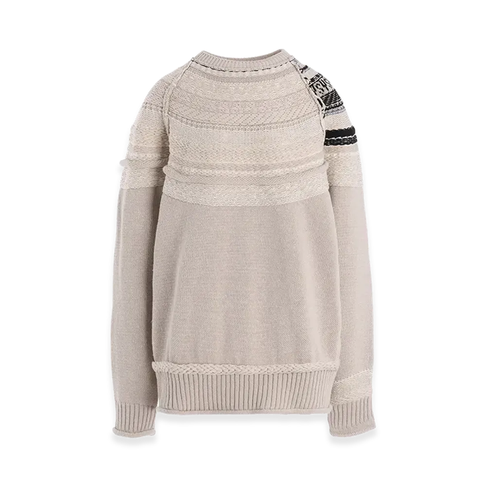 Y's Mixed Material Fair Isle Round Neck Pullover "Beige"